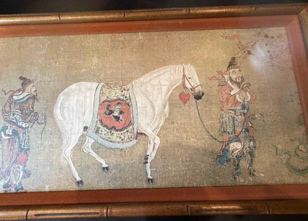 Vintage Chinese Silk Painting Horses Groom Tributary Art Faux Bamboo Frame 42x14