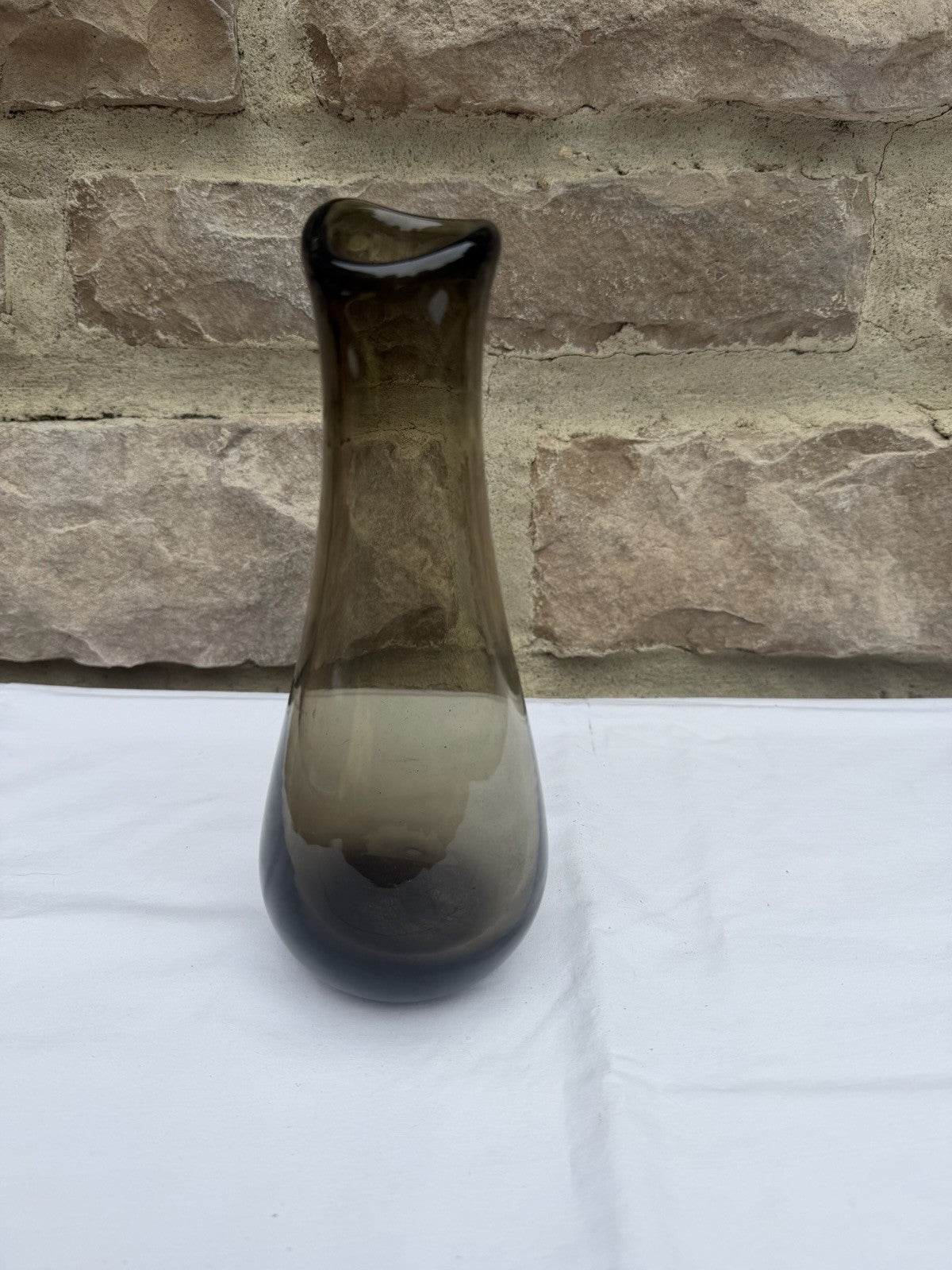 Vintage Mid Century Modern Smoky Brown Glass Bud Vase Angled Rim Bulbous Base