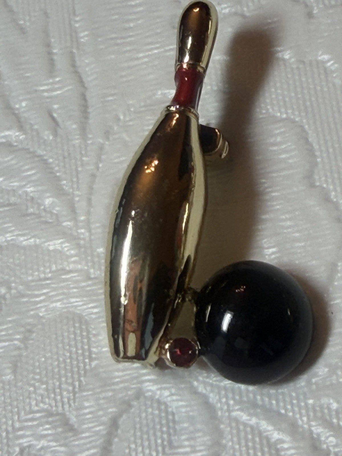 Vintage Bowling Pin and Ball Mini Brooch Pin Lot Gold Tone Red Rhinestone Accent