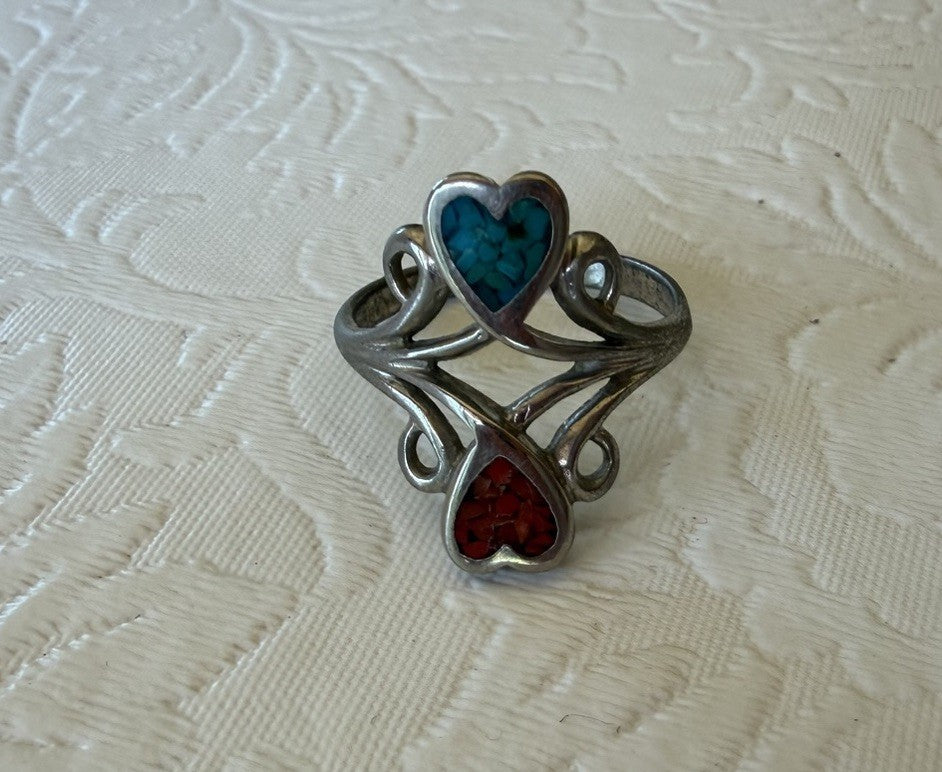 Vintage Hearts Bypass Harvey Era Silver Plated Navajo Turquoise Ring Size 7.5