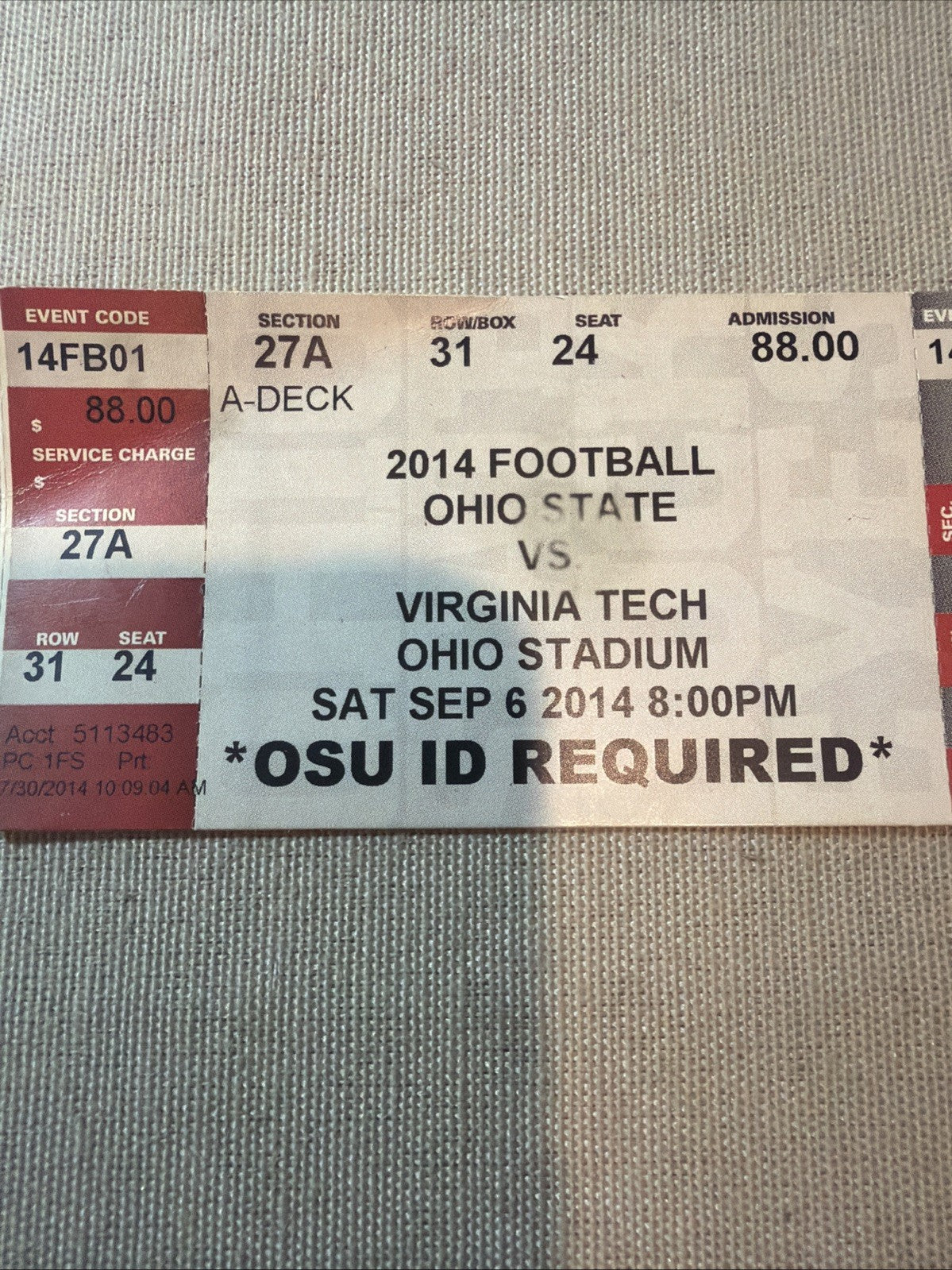 2014 Ohio State Vs Virginia Tech Ticket Stub Sept 6 Upset Game Rare Collectible