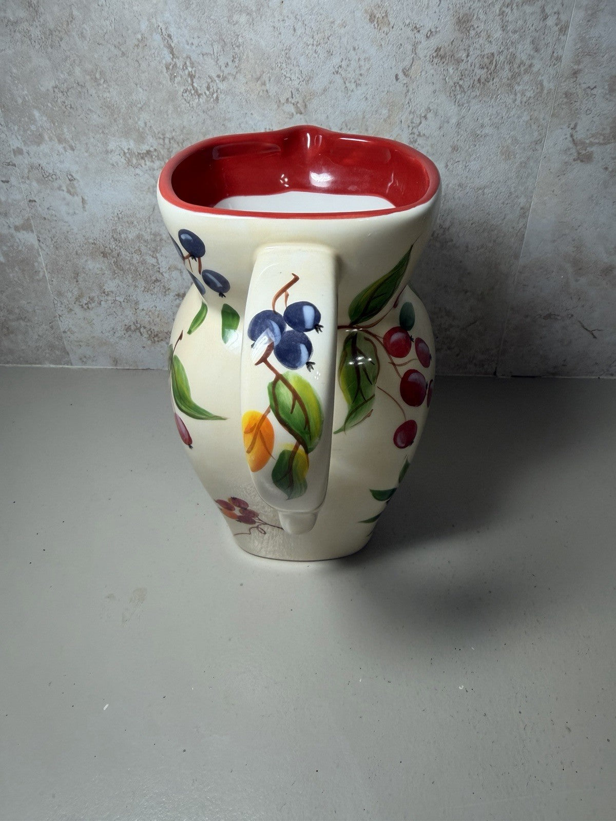 Vintage FTD Ceramic Pitcher Hand Painted Berries Fruit Creamer Vase 8"