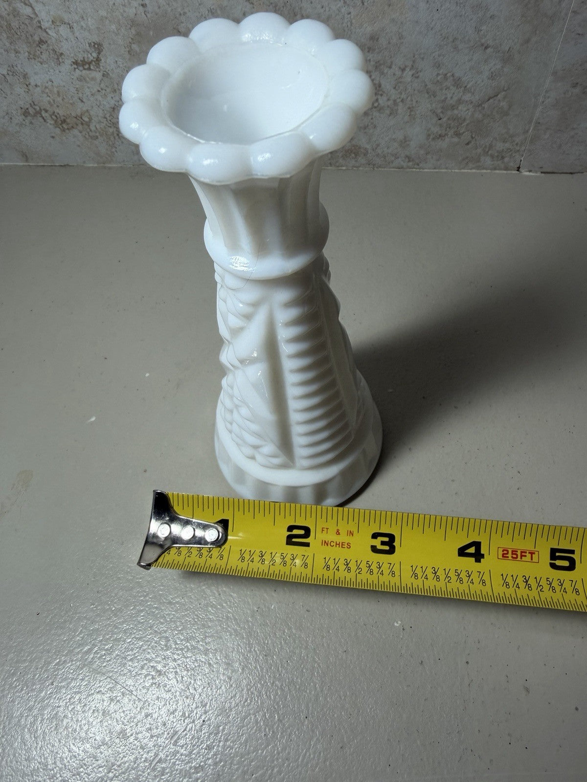 Vintage White Milk Glass Bud Vase 6 Inch Diamond Starburst Scalloped Edge