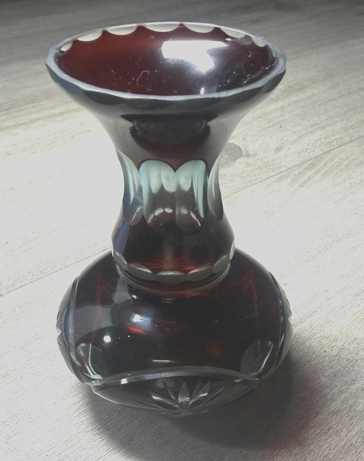 Vintage Ruby Flash Cut Glass Bud Vase Starburst Pattern 4"