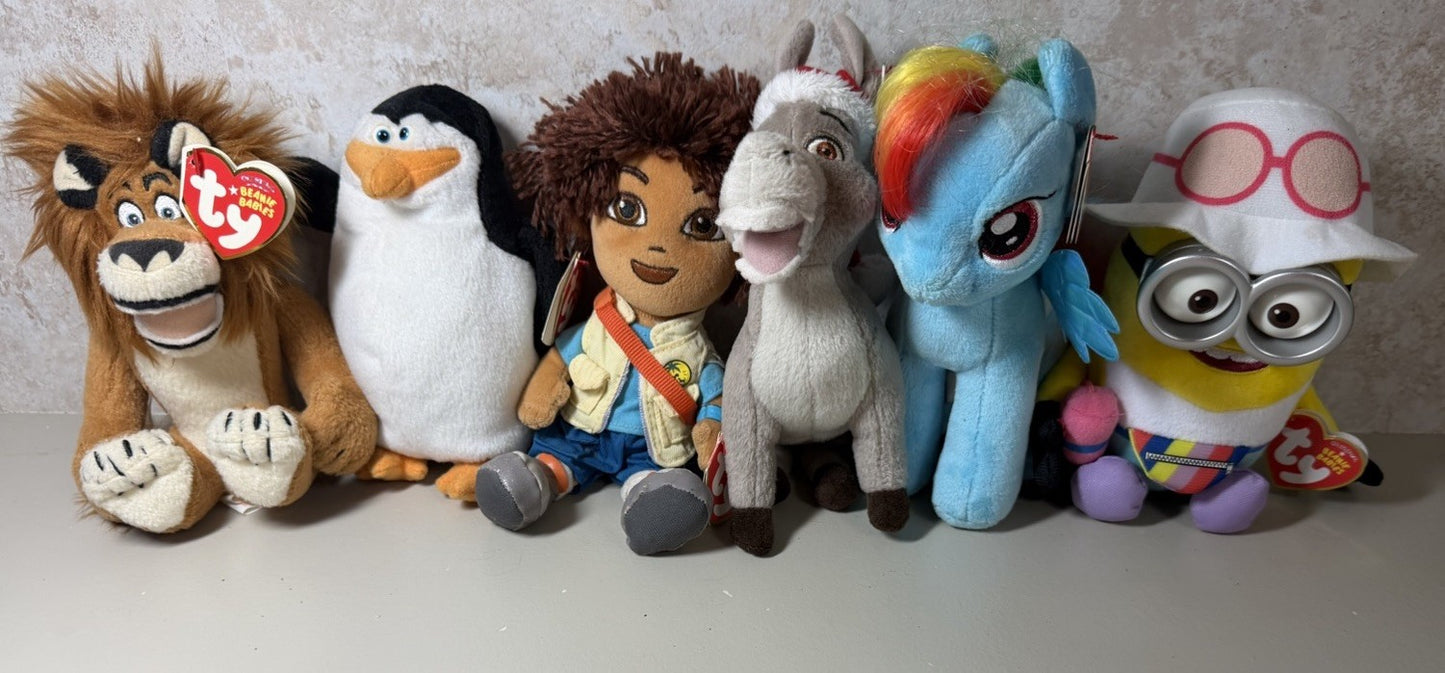 Ty Beanie Babies Character Plush Lot 6 Shrek Dora Madagascar Minion Disney MLP