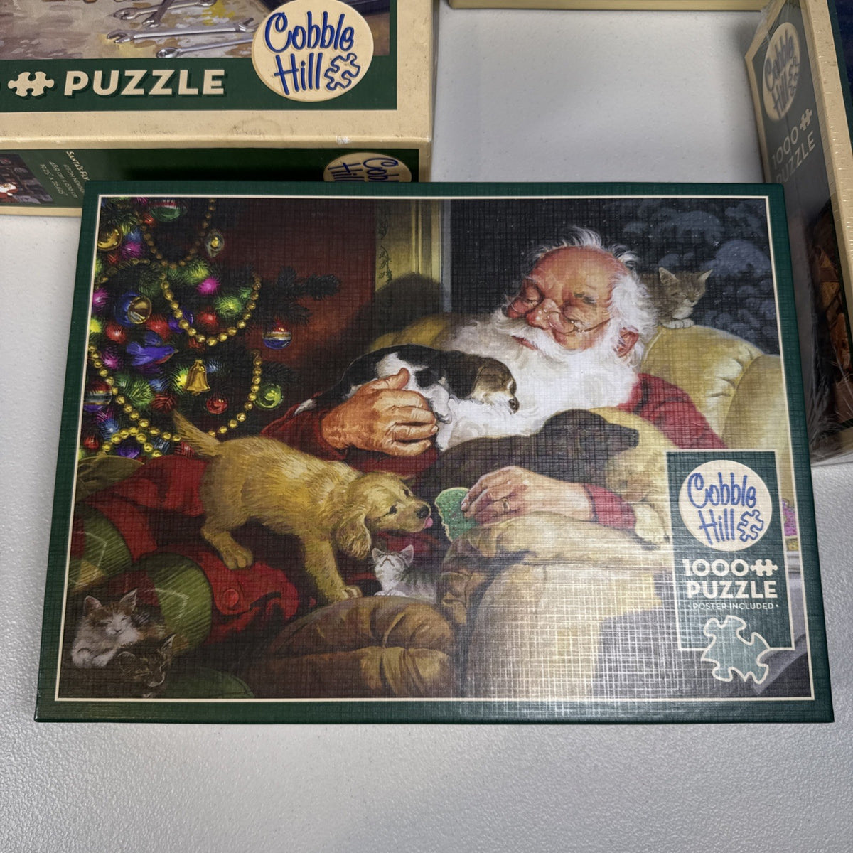 Cobble Hill Lot of 4 - 1000 Piece Christmas Jigsaw Puzzles Santa Dogs Ornament