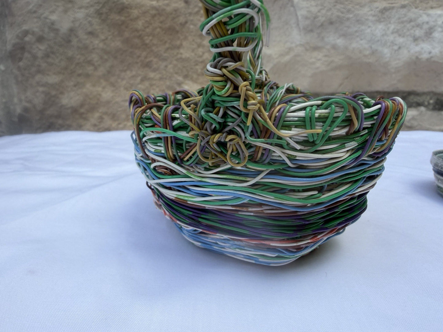 Handmade Recycled Telephone Wire Basket Coiled Newspaper Heart Dish Set Eco Art