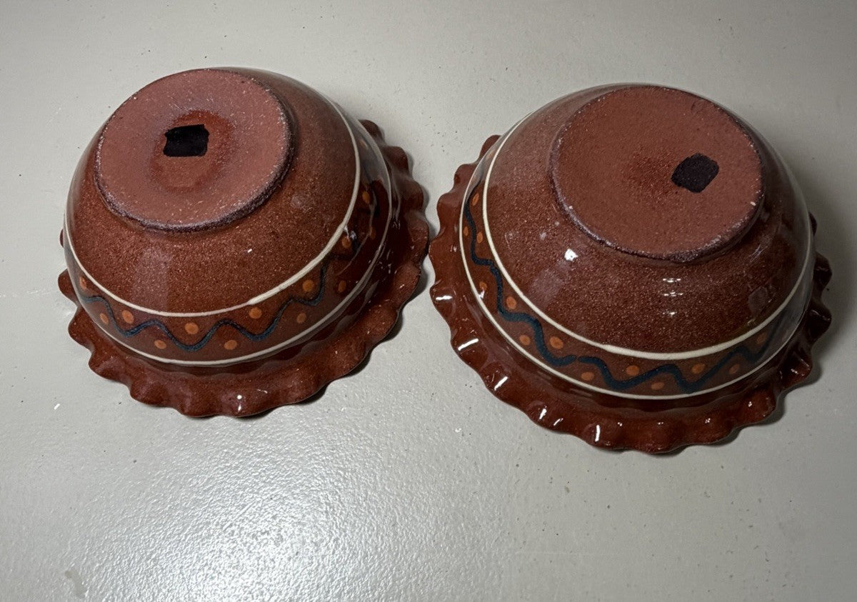 Vintage Mexican Folk Art Pottery Pitcher Salt Bowls Set Blue Brown Hand Painted