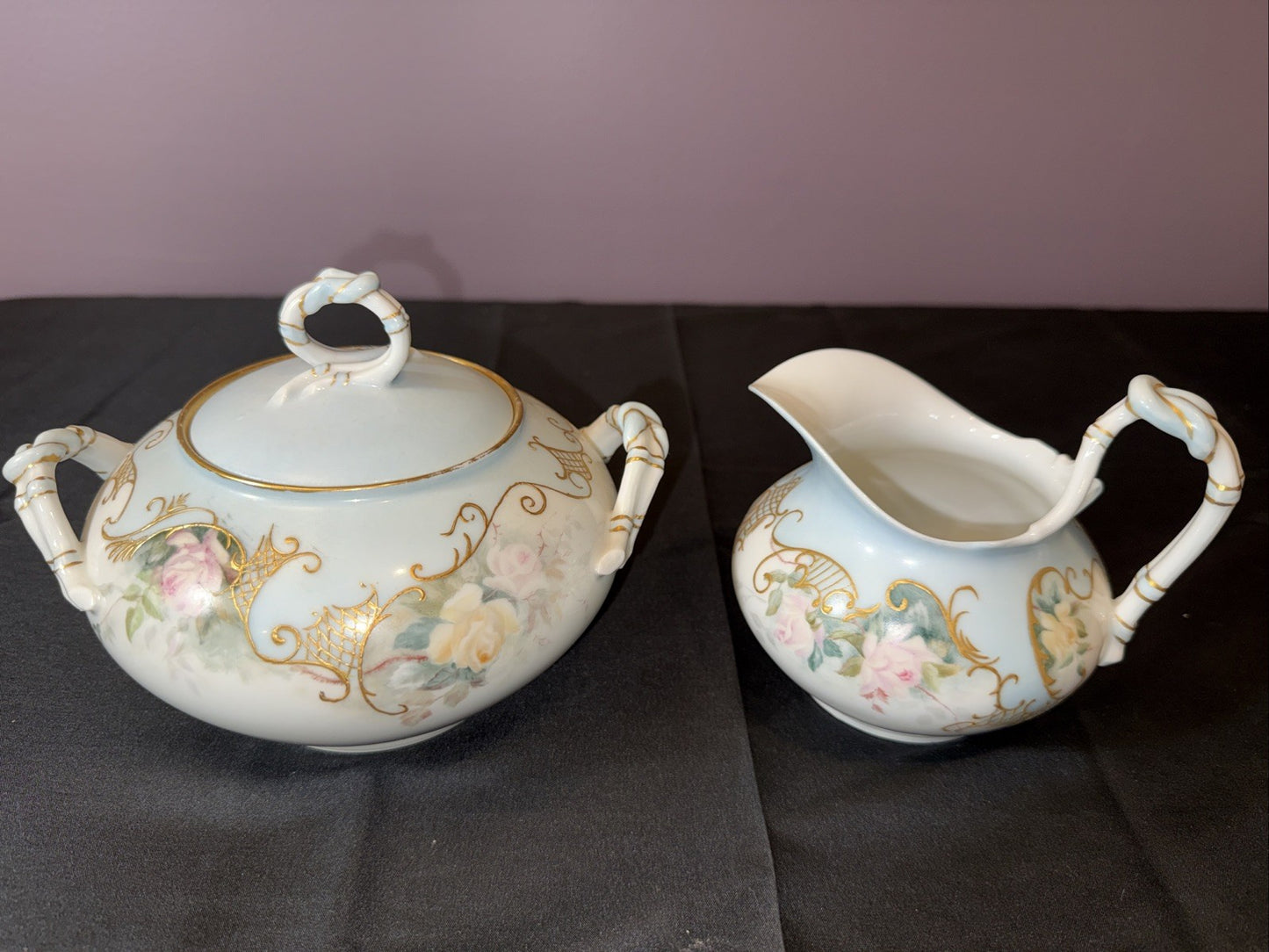 Antique Jean Pouyat Limoges France Hand Painted Creamer & Sugar Bowl Set Elegant