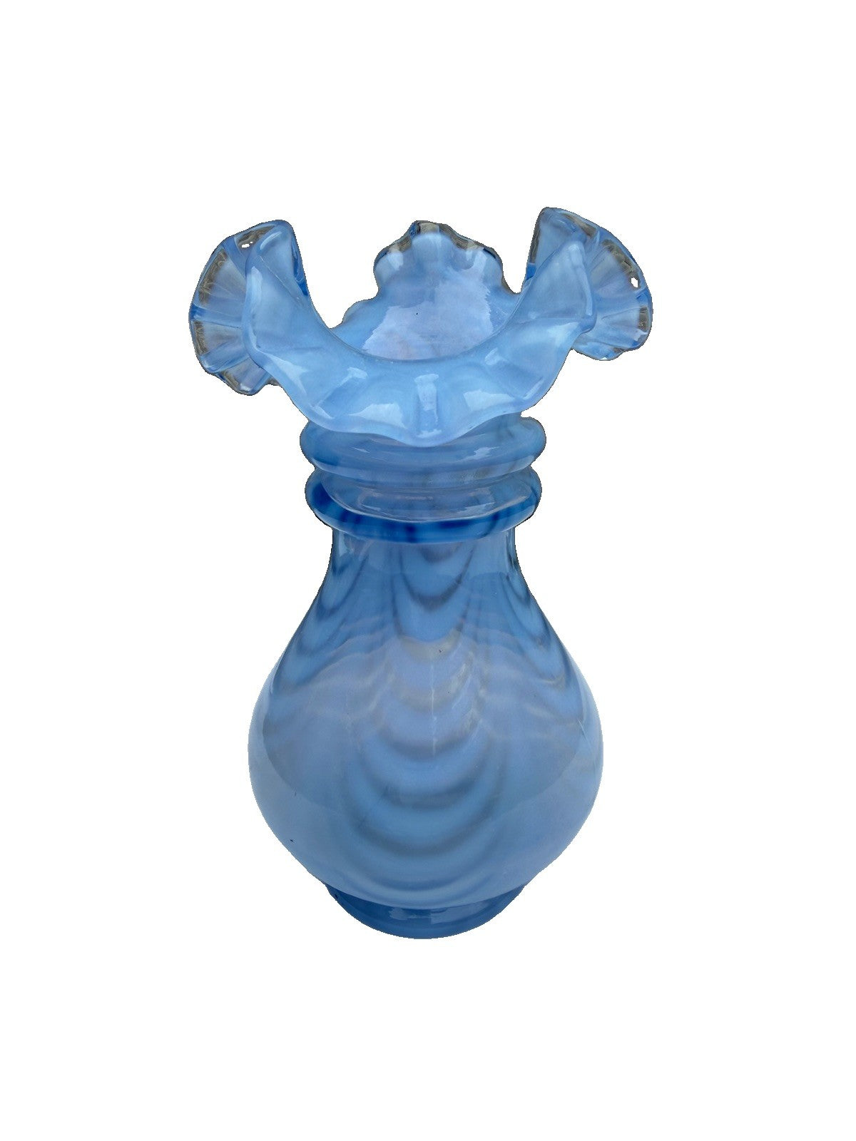 Vintage Fenton Blue Opalescent Drapery Vase Ruffled Tri-Fold Crimped Edge 6"