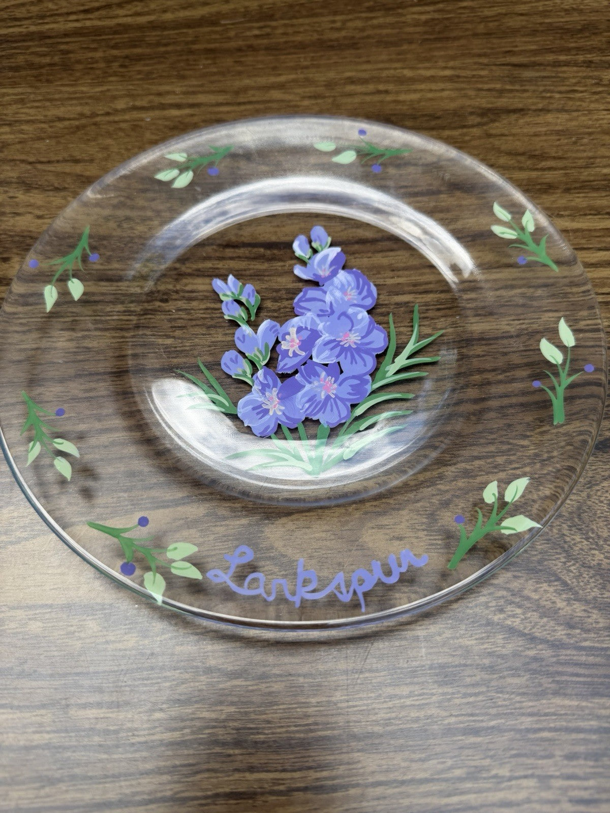 Vintage Reverse Painted Glass Plates Orchid Larkspur Floral Art Set of 2 - 8”