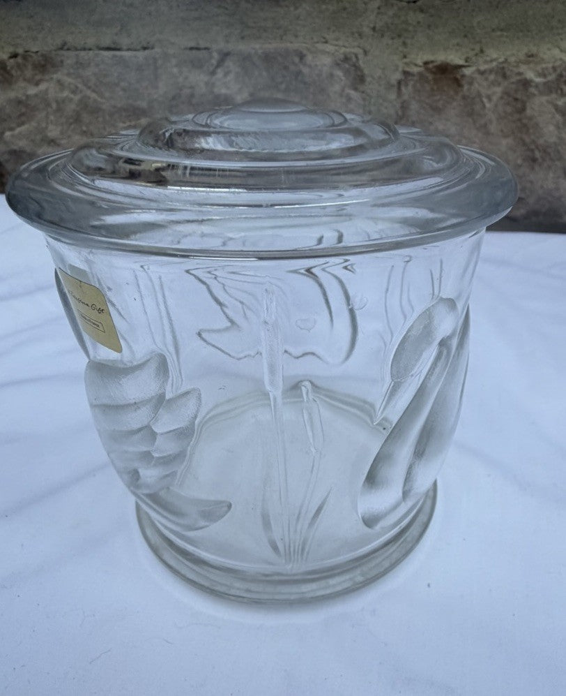 Vintage Teleflora Frosted Glass Swan Covered Jar with Lid Made in France Clear