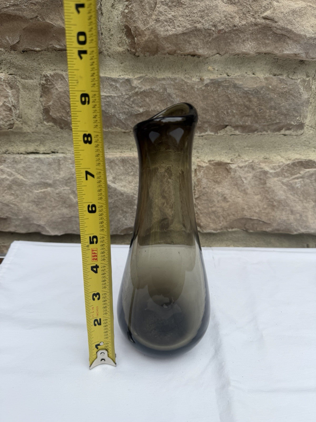 Vintage Mid Century Modern Smoky Brown Glass Bud Vase Angled Rim Bulbous Base