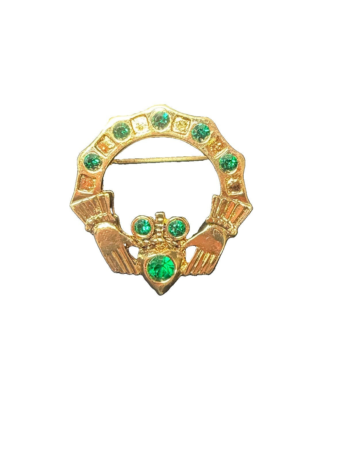 Vintage Gold Tone Green Rhinestone Claddagh Brooch Pin Irish Celtic Jewelry Pin