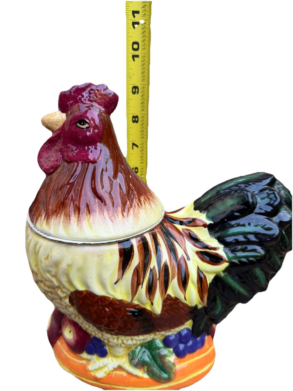 Vintage Rooster Hen Ceramic Cookie Jar Canister Fruit Relief Lid