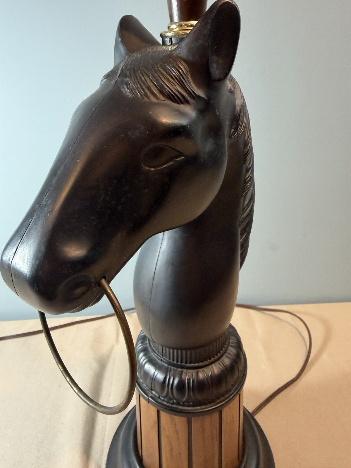 Vintage Horse Head Table Lamp Black Wood Grain Mid Century Figural Equestrian