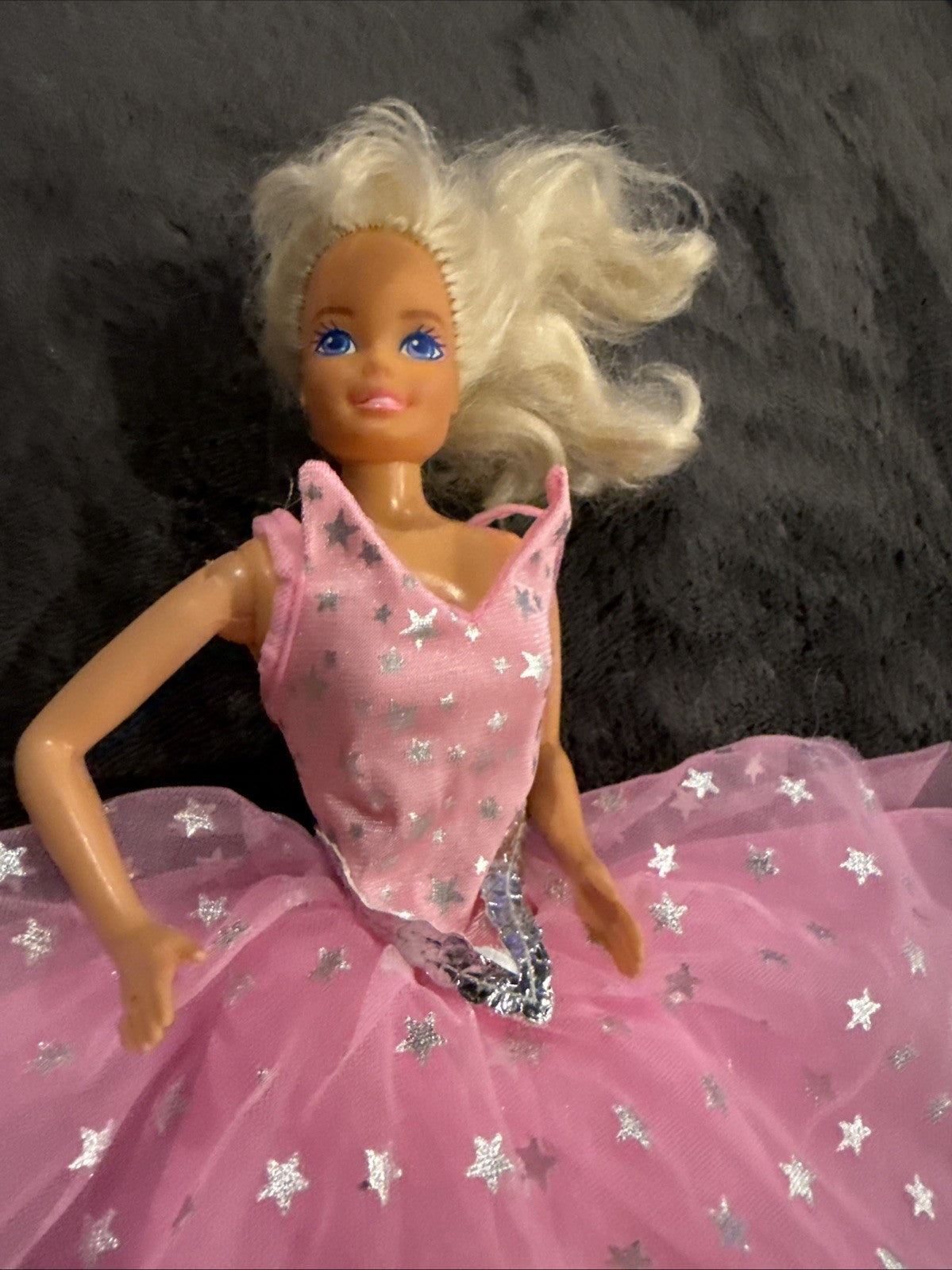 Vintage 1988 Mattel Super Star Barbie Doll Pink Star Gown Faux Fur Stole Shoes