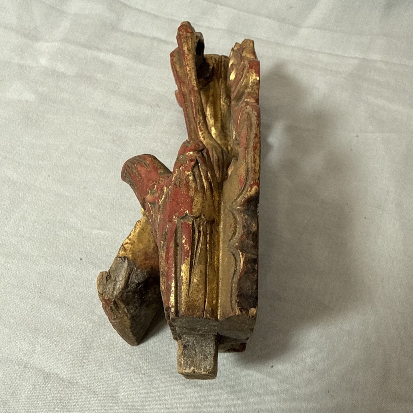 Antique Chinese Qing Dynasty Wood Temple  Red & Gilt Panel Dragon Fragment 7”x3”