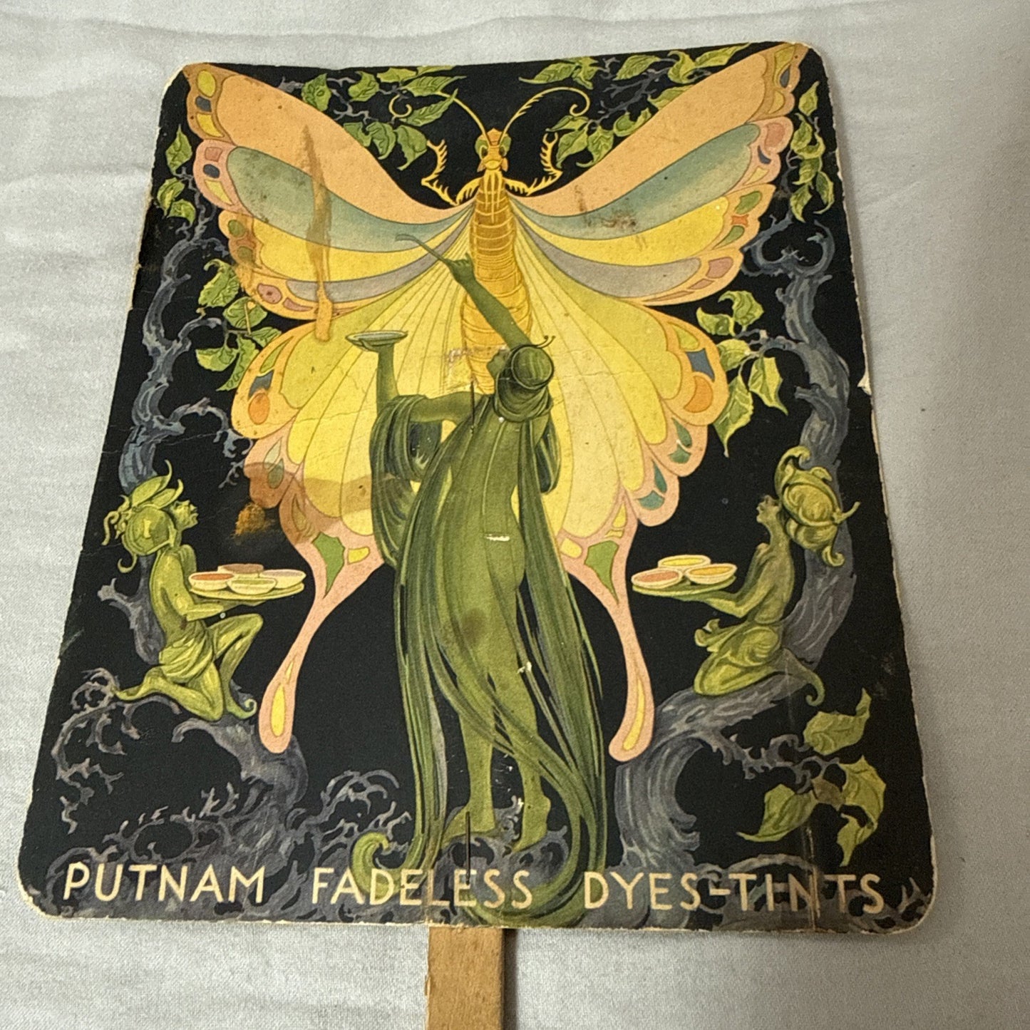 Rare Vintage Putnam Dyes Advertising Fan Art Nouveau Fairies Moth Display