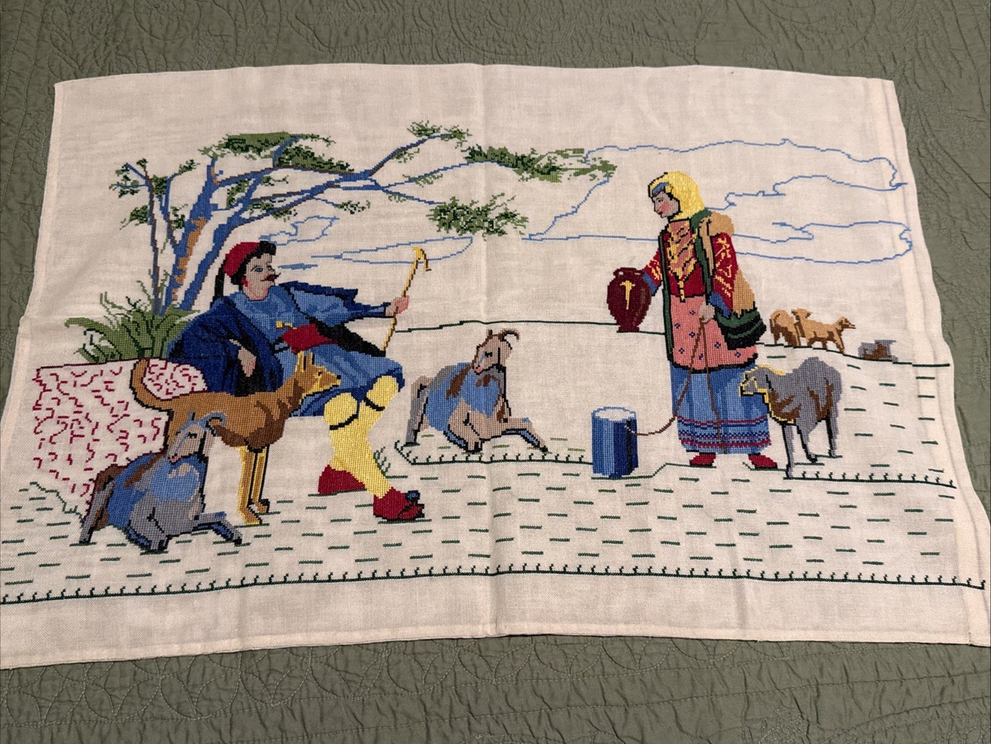 Vintage Hand Embroidered Middle Eastern Textile Panel Folk Art Desert Scene MCM