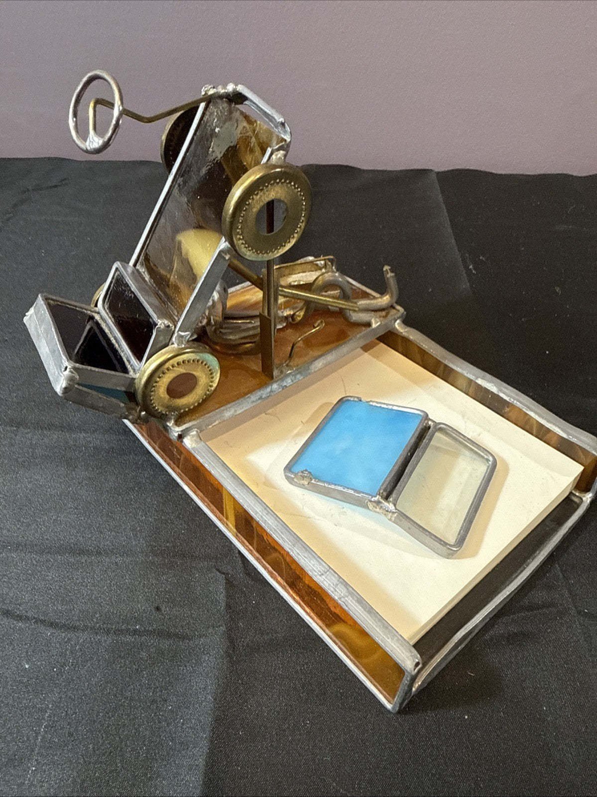 Vintage Carl Goeller Stained Glass Art Desktop Notepad Card Holder Car Repair