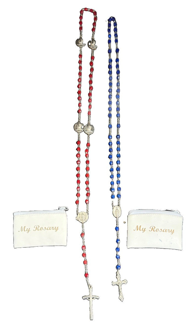 Catholic Rosary Beads Pair Red Blue Crystal Glass Silver Tone Cross Religious