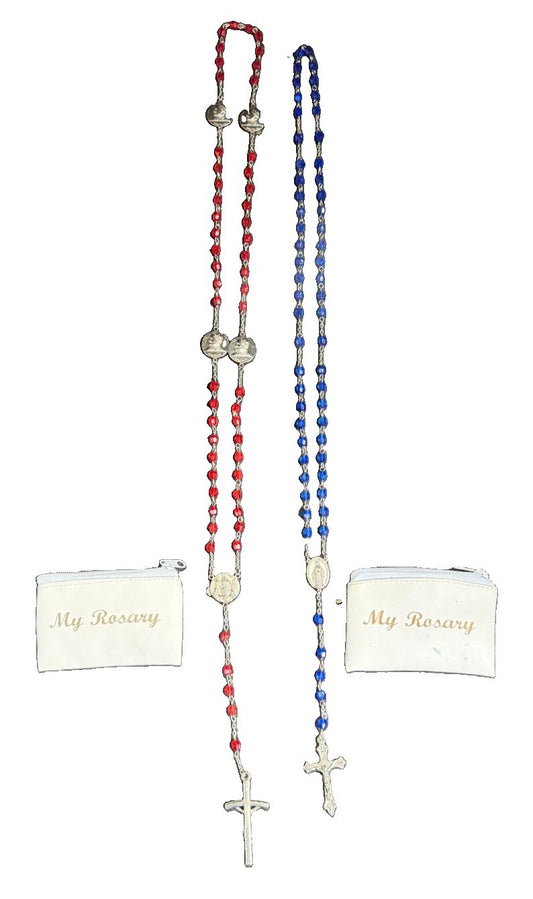 Catholic Rosary Beads Pair Red Blue Crystal Glass Silver Tone Cross Religious
