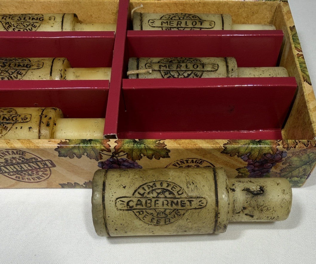 Wine Bottle Stopper Wax Cork Candles Grape Leaves 6" Decorative Set NEW