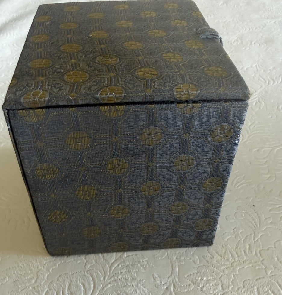 Vintage Blue Gold Brocade Fabric Storage Box Bone Latch Red Silk Interior