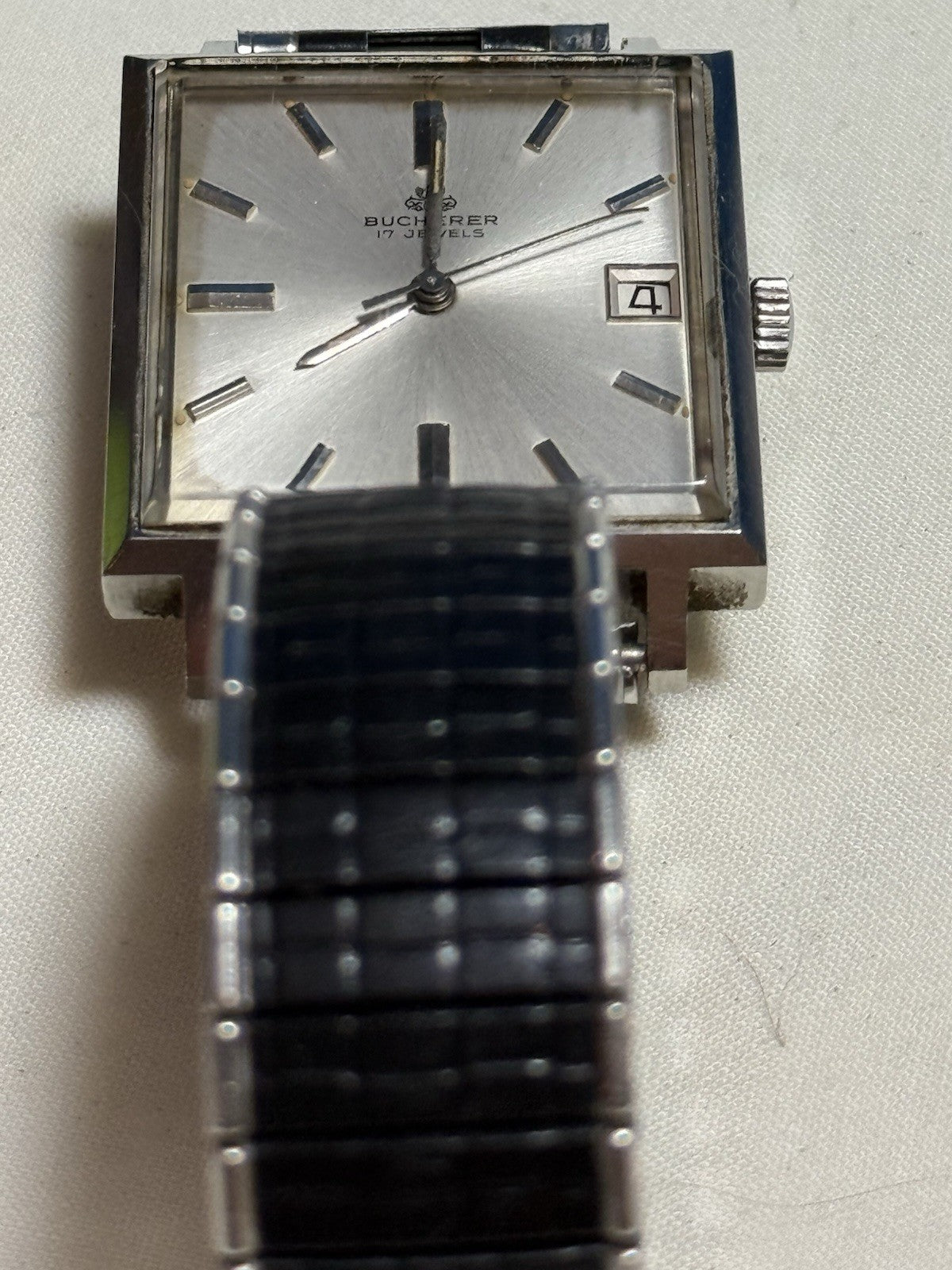 Vintage Bucherer 17 Jewel Square Dress Watch Silver Sunburst Dial Speidel Band
