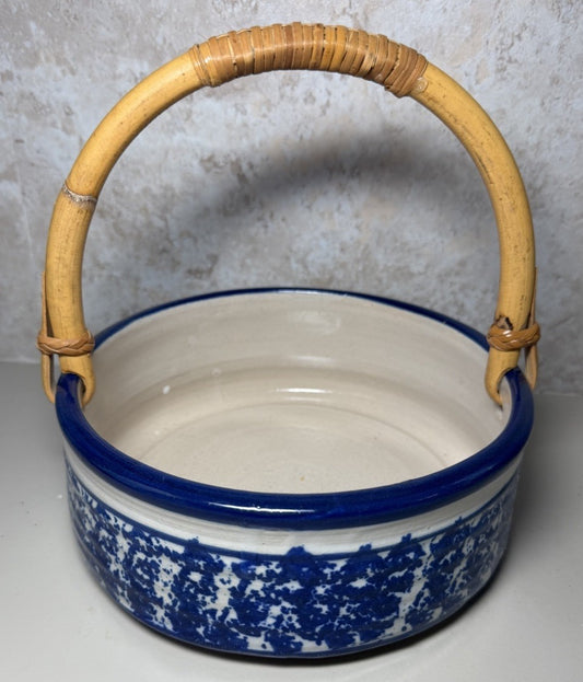 Vintage Blue Spongeware Stoneware Pottery Basket Bentwood Bamboo Handle Decor