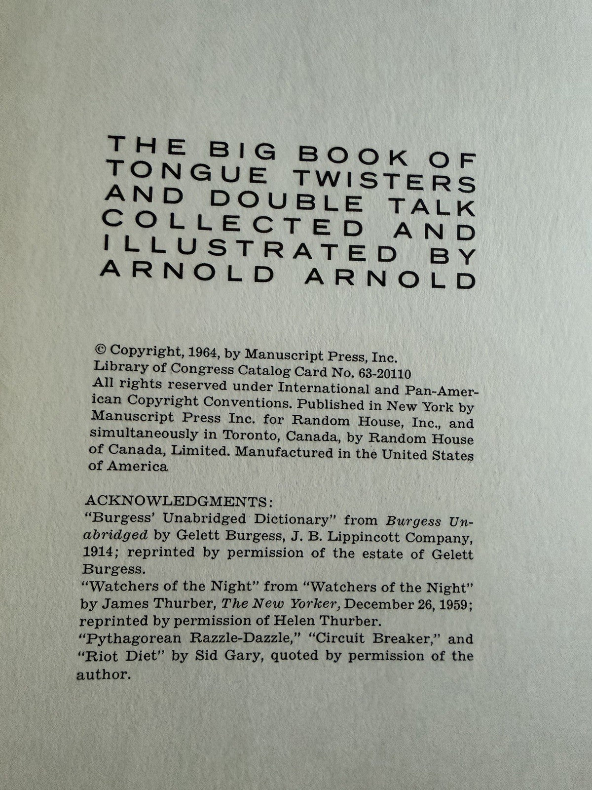 The Big Book of Tongue Twisters and Double Talk Arnold 1964 Hardcover