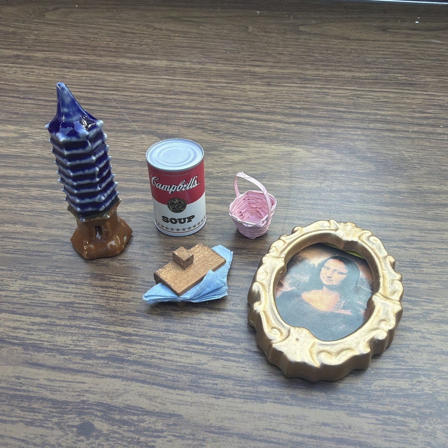 Mixed Miniatures Lot Dollhouse Resin Ceramic Wood Basket Mona Lisa Decor