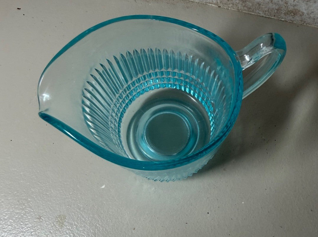 Vintage Blue Pressed Glass Pitcher Creamer Fluted Diamond Pattern Tableware