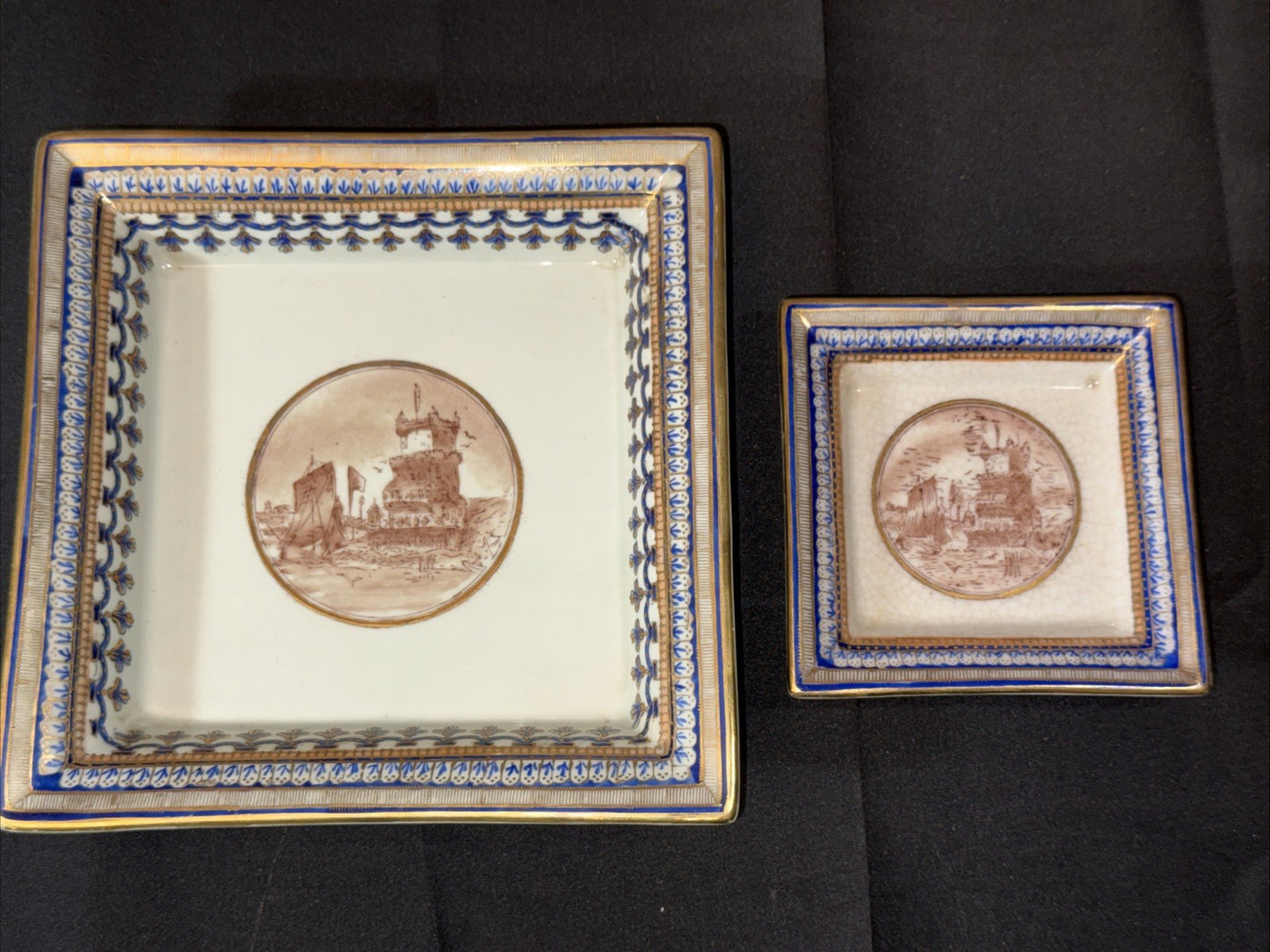 JUMC Vista Alegre Porcelain Set If 2 Hand Painted Square Dishes 7x7, 4x4