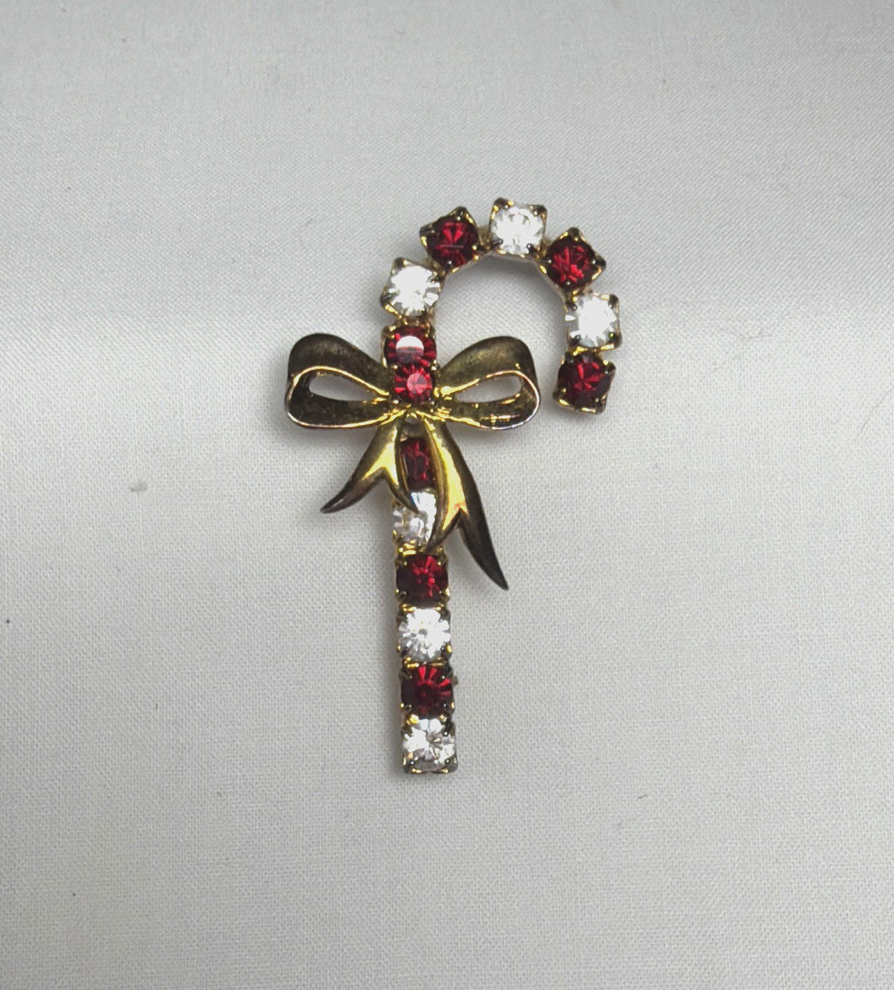 Vintage Eisenberg ICE Candy Cane Brooch Gold Tone Red White Rhinestone Pin 1.75"