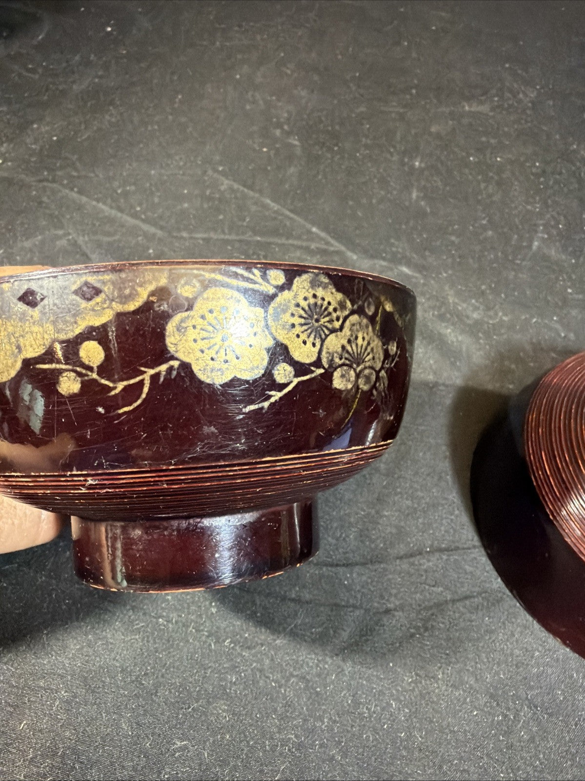 Japanese Lacquer Bowls Set of 2 Black Red Gold Leaves Miso Soup Rice 4.5”