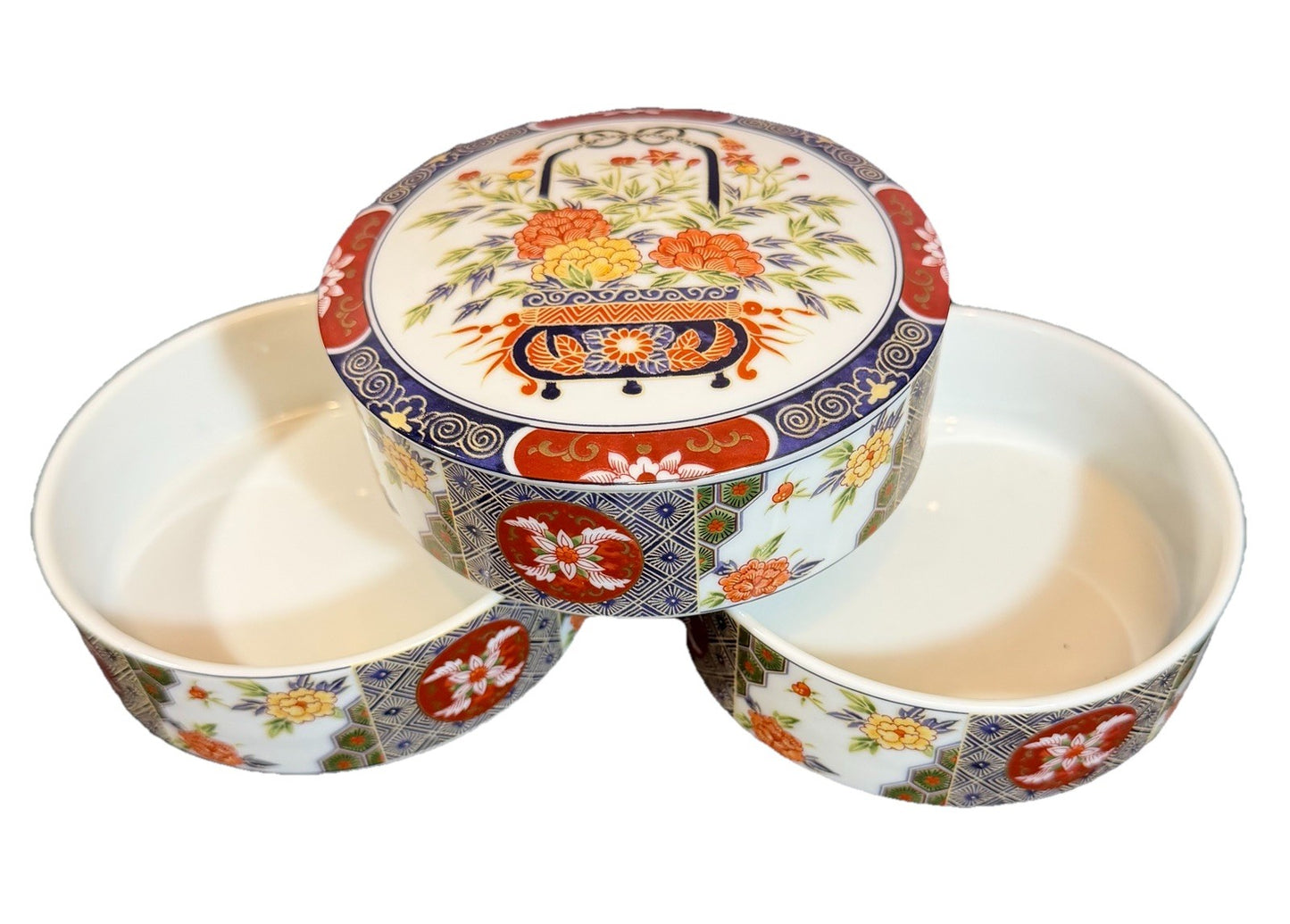 Vintage Toyo Ko Imari Japanese Porcelain 3 Tier Stacking Bowls & Lid