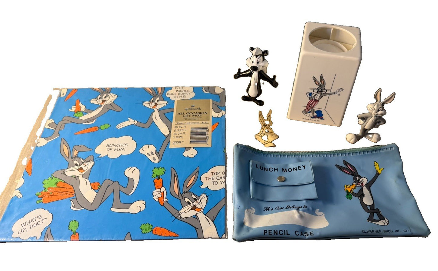 Vintage Looney Tunes Lot Bugs Bunny Wrapping Paper Pencil Case Desk Cup Toys