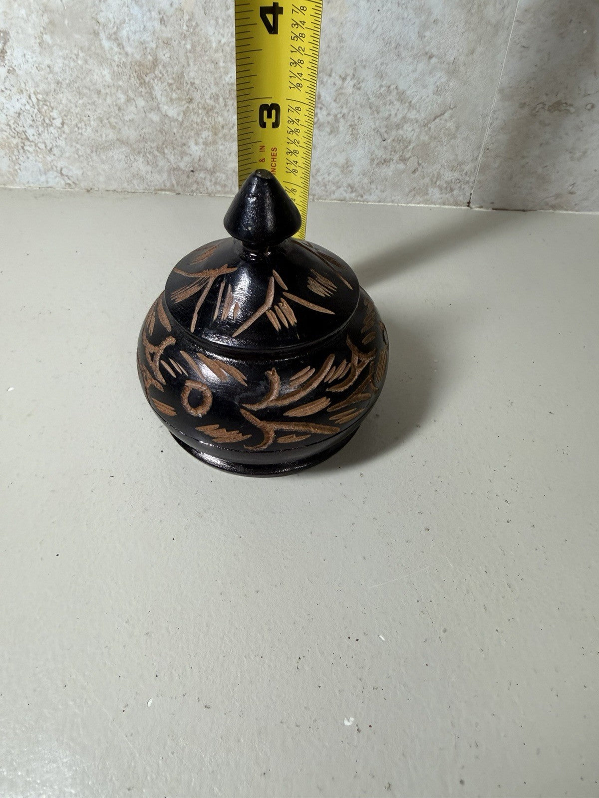 Vintage Hand Carved Wood Trinket Bowl Stash Box Lid Floral Etched Black 3"x3"