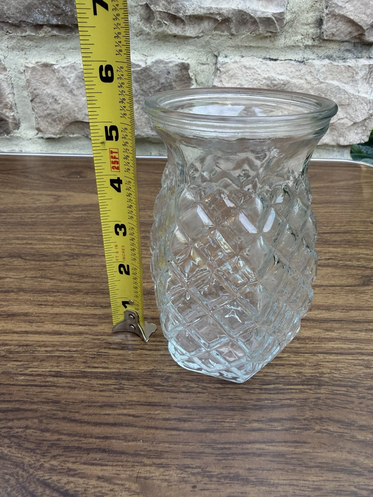 Vintage Clear Glass Pineapple Vase Crosshatch Pattern Hexagon Base 6 Inch