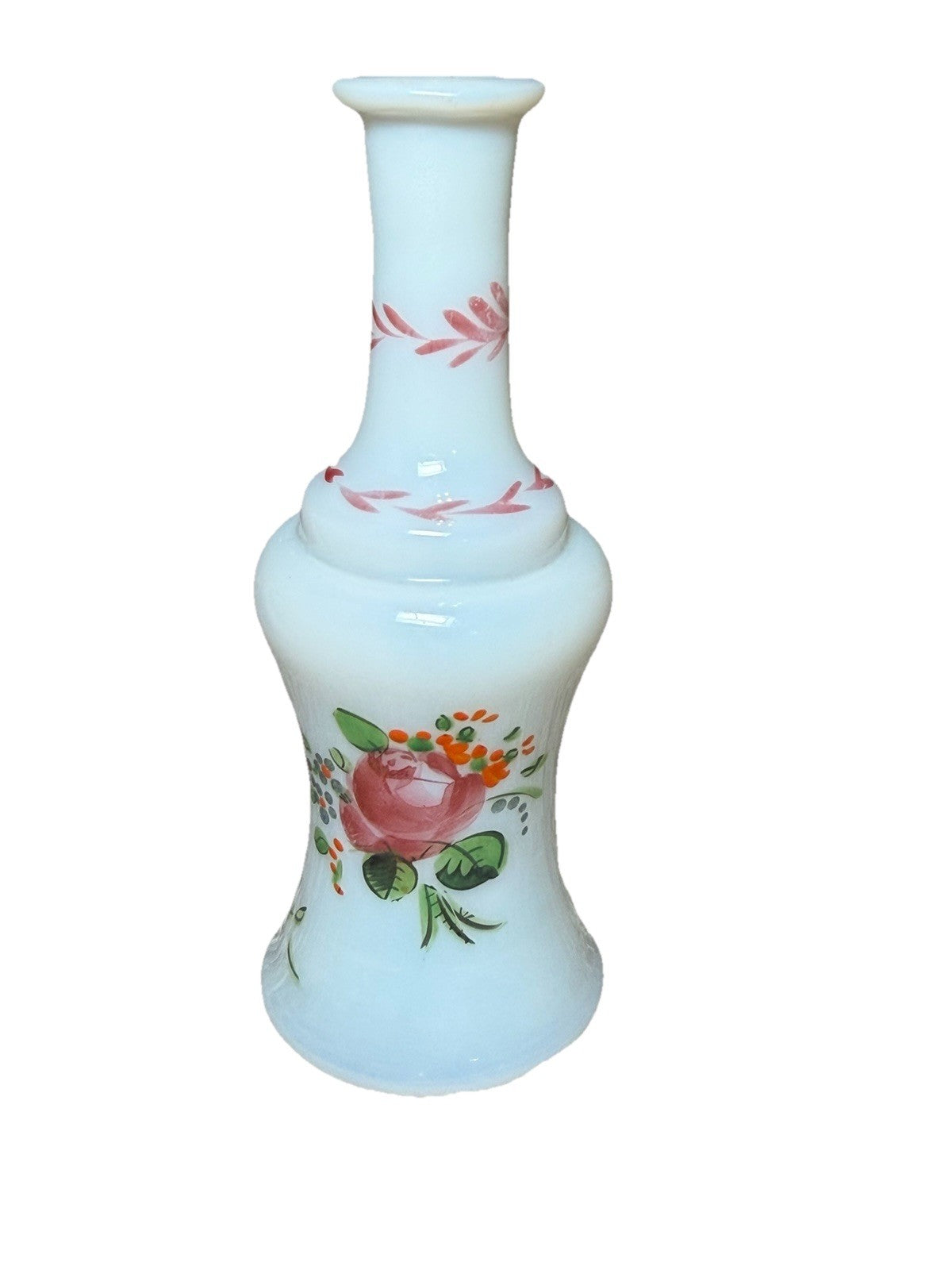 Vintage Milk Glass Perfume Bottle Hand Painted Floral 5" No Stopper