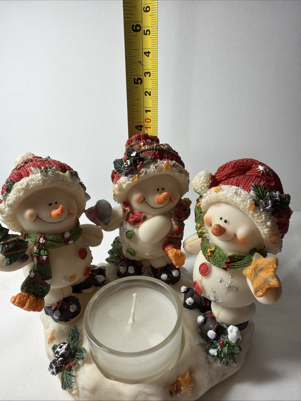 Snowman Votive Candle Holder 3 Snowmen Holiday Decor 4 1/2 tall