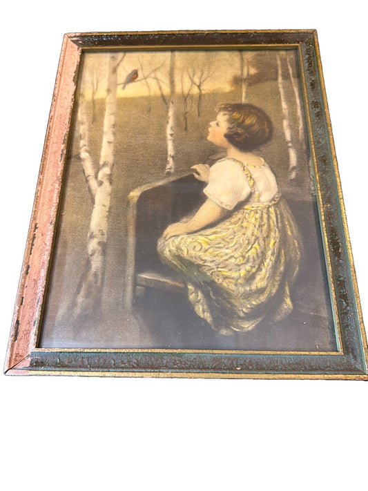 Antique 1920s Spring Song Girl Bird Framed Art Simon Glucklich #838 10" x 13"