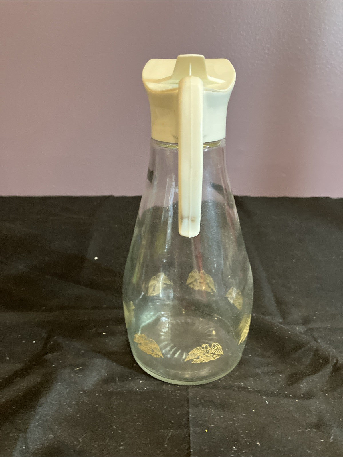 Vintage Log Cabin Syrup Pitcher Glass Bottle Gold Eagle Print