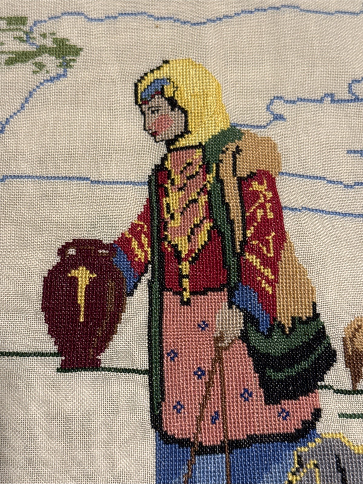Vintage Hand Embroidered Middle Eastern Textile Panel Folk Art Desert Scene MCM