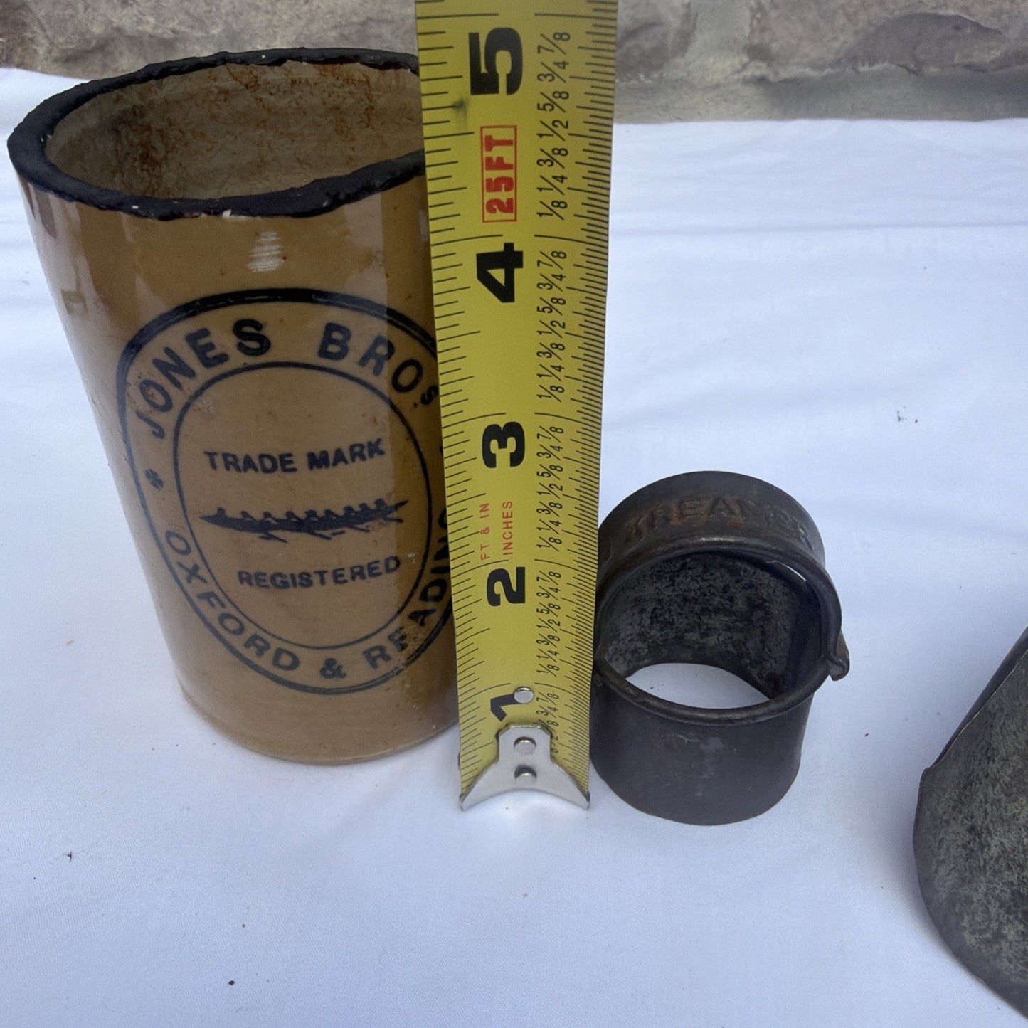Vintage Primitive Farmhouse Tool Lot Jones Bros Stoneware Fluting Bell Scoop Iro