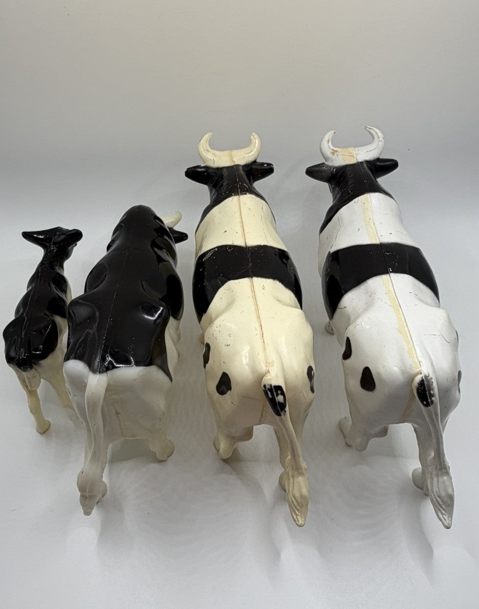 Vintage Plastic Farm Animals Black White Dairy Cow Family Figures Lot of 4 Toys