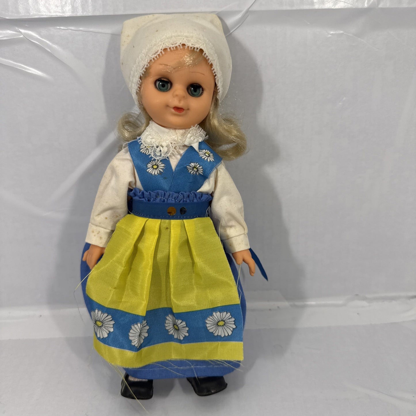 Vintage Sweden Vinyl Doll Sleepy Eyes Blue Yellow Folk Costume 9'