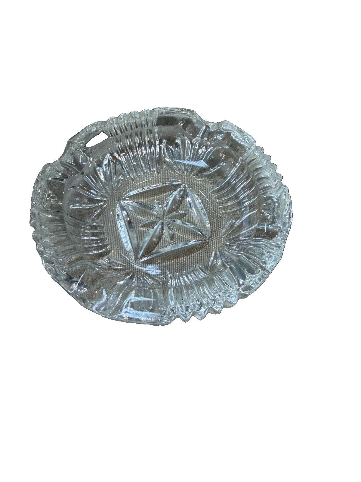Vintage Clear Cut Glass Ashtray Pinwheel Star Pattern Heavy Round Cigarette Rest